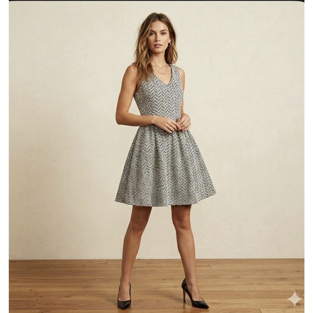 Bar III Fit & Flare Sleeveless Black White Knit Chevron Dress XS Career Skater